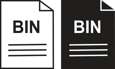 BIN file icon set. BIN file type symbol. File BIN format icon in black filled and outlined style isolated on transparent background. Ideal for technology or data related content, vector illustration.