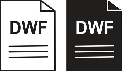 DWF file icon set. DWF file type symbol. File DWF format icon in black filled and outlined style isolated on transparent background. Ideal for technology or data related content, vector illustration.