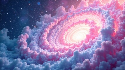 Poster - Celestial Cloudscape A Whimsical Spiral of Pink and Blue Clouds in a Starry Night Sky