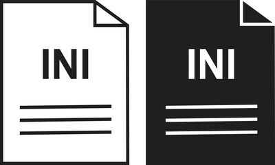 INI file icon set. INI file type symbol. File INI format icon in black filled and outlined style isolated on transparent background. Ideal for technology or data related content, vector illustration.