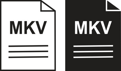 MKV file icon set. MKV file type symbol. File MKV format icon in black filled and outlined style isolated on transparent background. Ideal for technology or data related content, vector illustration.