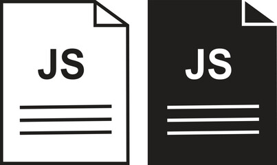 JS file icon set. JS file type symbol. File JS format icon in black filled and outlined style isolated on transparent background. Ideal for technology or data related content, vector illustration.