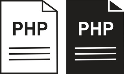 PHP file icon set. PHP file type symbol. File PHP format icon in black filled and outlined style isolated on transparent background. Ideal for technology or data related content, vector illustration.