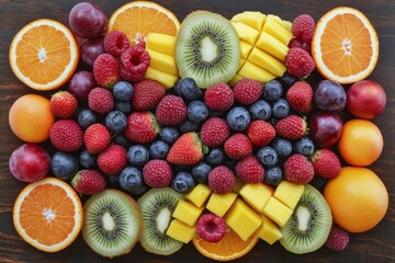 Wall Mural - Colorful fruit platter, arranged on wood, healthy eating, background blur