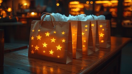 Wall Mural - Illuminated star-shaped paper gift bags on a wooden table.