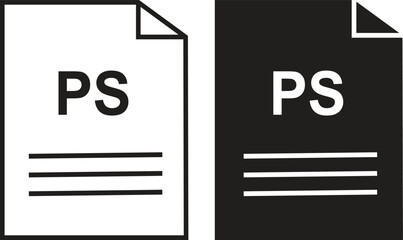 PS file icon set. PS file type symbol. File PS format icon in black filled and outlined style isolated on transparent background. Ideal for technology or data related content, vector illustration.