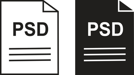 PSD file icon set. PSD file type symbol. File PSD format icon in black filled and outlined style isolated on transparent background. Ideal for technology or data related content, vector illustration.