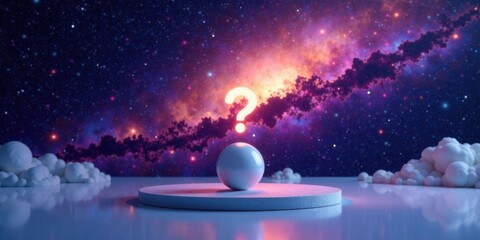 Poster - Cosmic Enigma A Glowing Question Mark Above a Sphere on a Platform in a Dreamlike Nebula