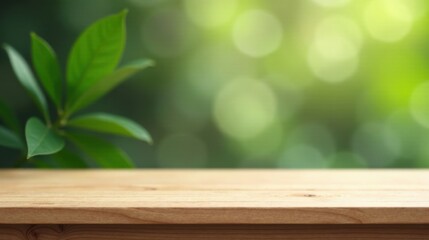 Poster - Wooden Tabletop with Blurred Green Foliage Background for Product Display