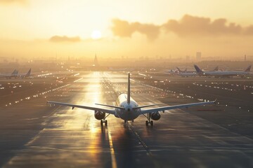 Airplane taxiing runway sunset airport departure