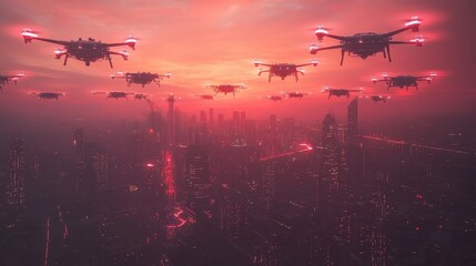 Aufkleber - High-tech drone swarm mapping a futuristic cityscape urban environment aerial viewpoint advanced technology concept