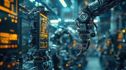 Poster - Robotic arms assembling advanced standards in a high-tech factory environment a futuristic industrial setting