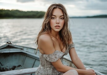 Wall Mural - A beautiful woman in a dress is sitting on a boat, posing for a photo shoot.