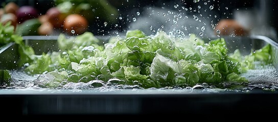 Wall Mural - Fresh lettuce leaves being washed in water.