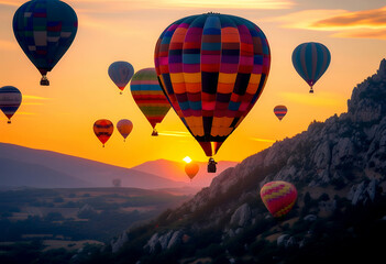 Wall Mural - mountain colorful hot air flying balloons adventure aerial aircraft background balloon ballooning basket beautiful blue bright cloud colours colourful day flight float