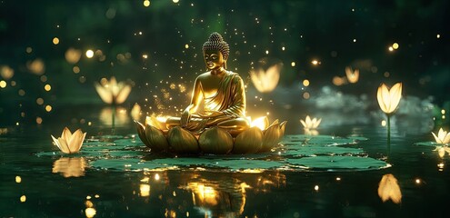 Wall Mural - A golden Buddha statue sits atop a lotus flower, floating in the water surrounded by glowing flowers and plants