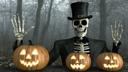 Wall Mural - Skeleton in top hat with jack-o'-lanterns in a misty forest.