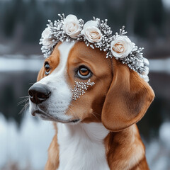 Wall Mural - beagle wearing snowy crown made from roses