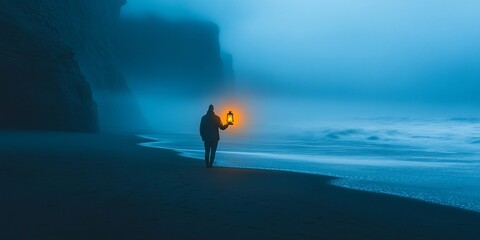 Poster - Lone figure walks beach, lantern light, foggy coast