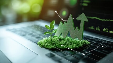 A natural workspace with SEO graphs and green elements, emphasizing content creation