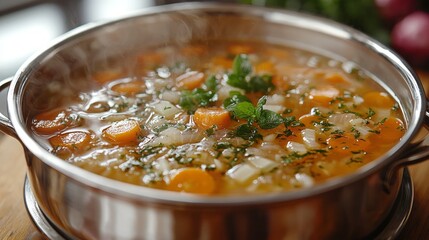 Wall Mural - Steaming hot vegetable soup in a metallic pot, garnished with fresh herbs.