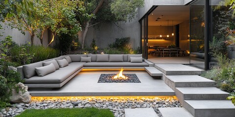 Canvas Print - Modern patio with fire pit, garden, & home