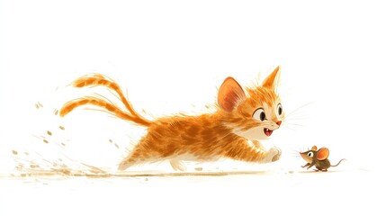 a 2D cartoon illustration of a barn cat chasing a mouse, fun and playful, white background--ar 16:9