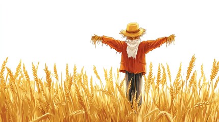 a 2D cartoon illustration of a scarecrow standing in a field of wheat, farm protection, white background--ar 16:9