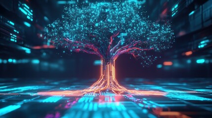 Digital tree glowing, futuristic city background, data network concept