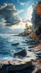 Poster - Majestic Mountain Lake Landscape: Breathtaking Coastal View