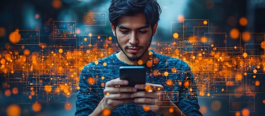 Young man using smartphone, digital data overlay.