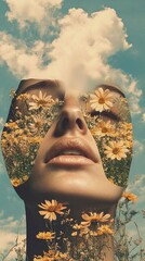 Wall Mural - Dreamy Woman in a Flower Field: Surreal Collage Art