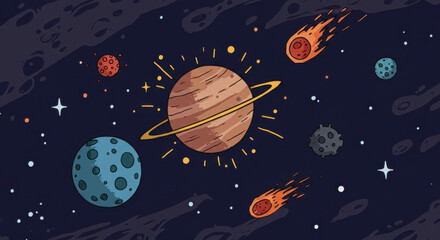 A planetary collision illustrated in a whimsical, children's doodle style, with playful shapes, bright colors, and glowing stars, fun and lighthearted