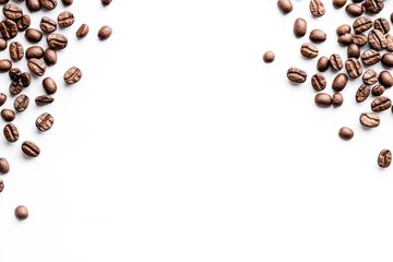 Coffee beans scattered on a clean white surface ready for brewing or grinding in a kitchen setting