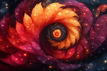 Wall Mural - Abstract swirling fractal art with glowing leaves.