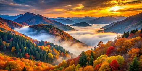 Wall Mural - Misty Autumn Mountain Valley - Low Light Landscape Photography