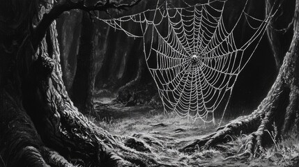 A close-up of a spider's web glistening with morning dew in a forest.