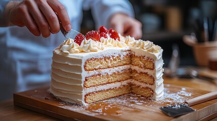 Cutting preparing birthday celebration cake 