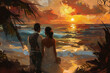 © Noble Nature - Mariage au bord de l'eau : couple hétérosexuel romantique admirant un coucher de soleil tropical sur une plage en tenue de noce espace négatif copyspace.