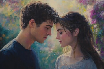 Wall Mural - Portrait of a couple sharing a quiet moment, gazing into each other's eyes, serene garden setting, soft pastel colors