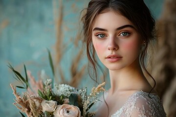 Wall Mural - Portrait of a young woman as a bridesmaid, holding a bouquet, elegant dress, soft focus on wedding decorations behind her