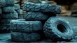 © Mika - Stacked Rough Terrain Tires in Industrial Environment, Close-Up on Textured Surface and Patterns, Suitable for Transportation and Automotive Industry Focus