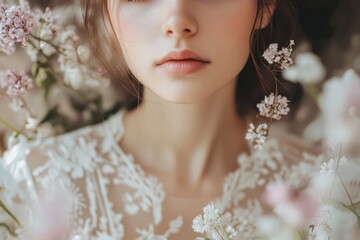 Wall Mural - Close-up of a slim beautiful young woman in a vintage-inspired wedding dress, delicate lace details, surrounded by blooming flowers