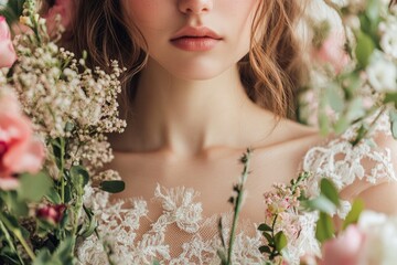 Wall Mural - Close-up of a slim beautiful young woman in a vintage-inspired wedding dress, delicate lace details, surrounded by blooming flowers