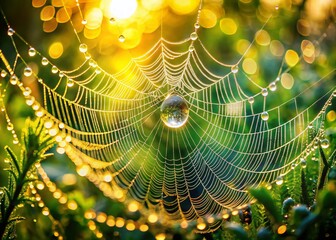 Canvas Print - Morning Dew on Spiderweb, Nature Macro Photography, Water Droplets Closeup