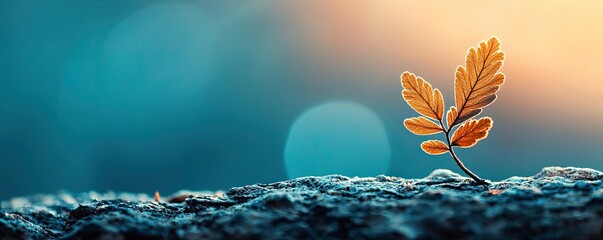 Poster - Scenery abstract background idea. A single leaf emerging from a rock against a blurred background in soft lighting.