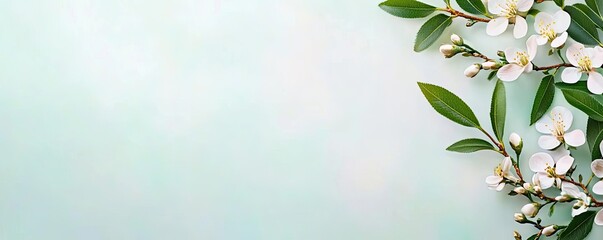 Poster - Scenery abstract background idea. Delicate white flowers and green leaves on a soft pastel background.