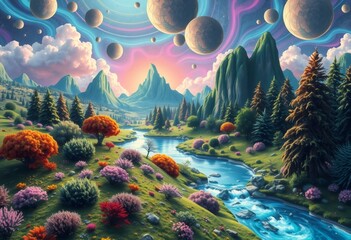 a whimsical landscape with a river, green mountains, colorful plants and a sky filled with planets a