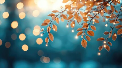 Poster - Scenery abstract background idea. Golden leaves shimmering with soft glowing lights in a serene bokeh background.