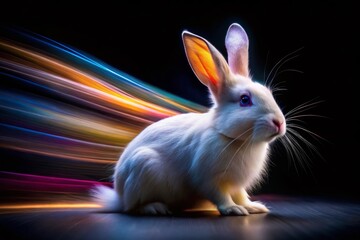 Wall Mural - Mystical White Rabbit Long Exposure - Dark Background Stock Photo